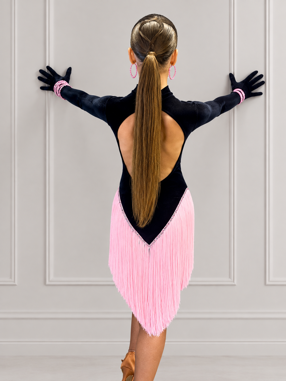 Ex Sponsor - Black Velvet & Pink Fringe Latin Dress