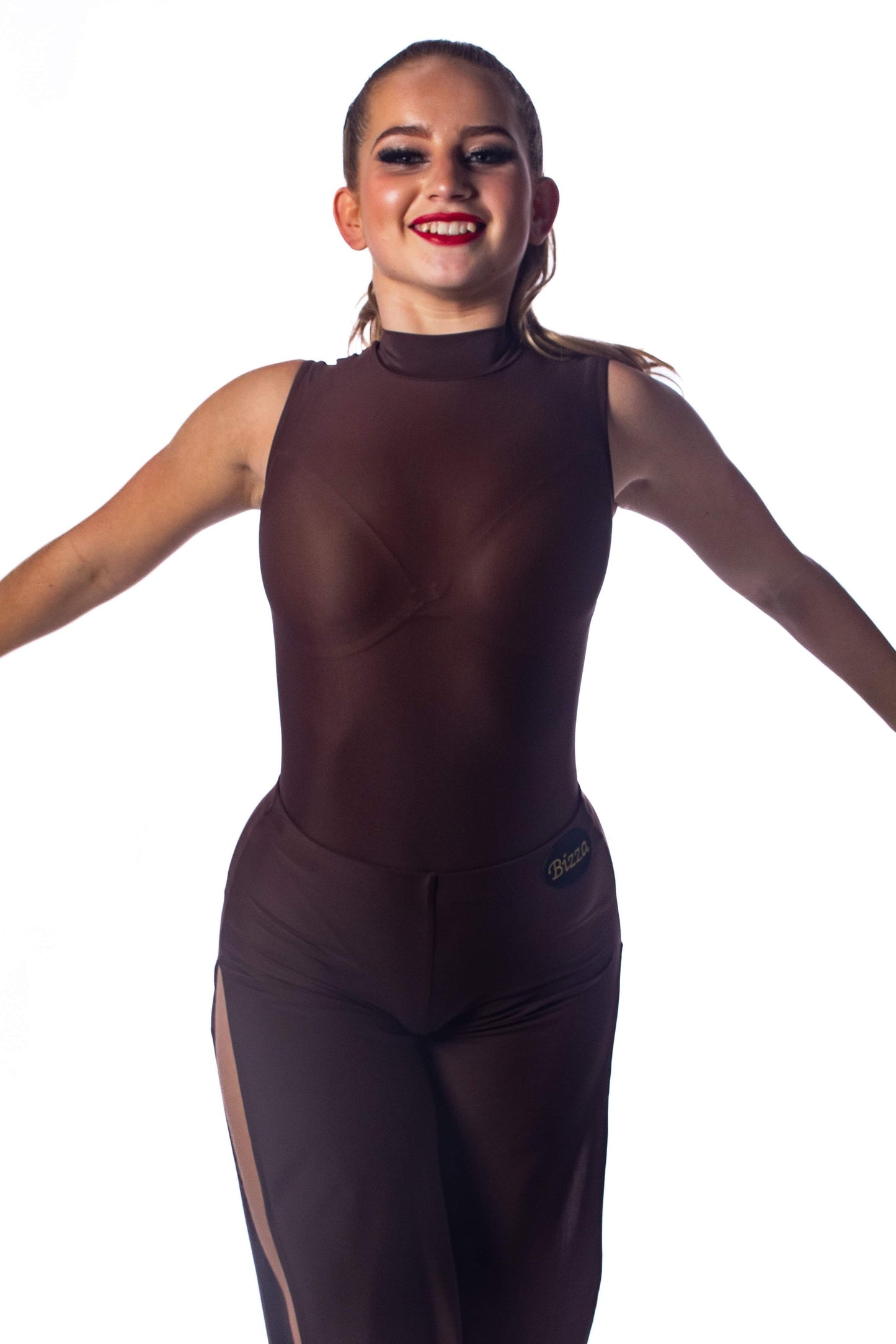 Brown high neck keyhole leotard