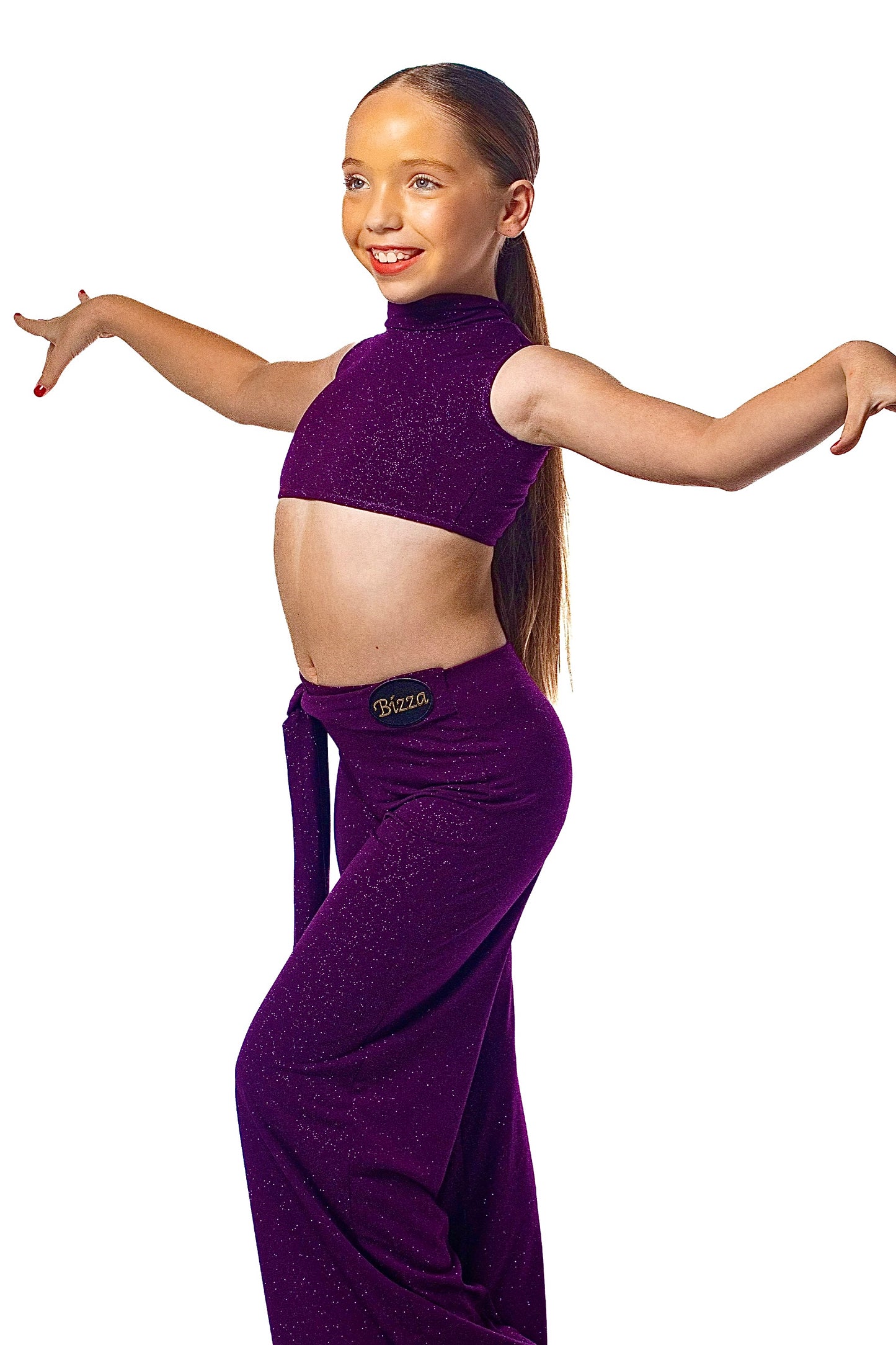 Purple sparkle ballroom trousers with integrated belt