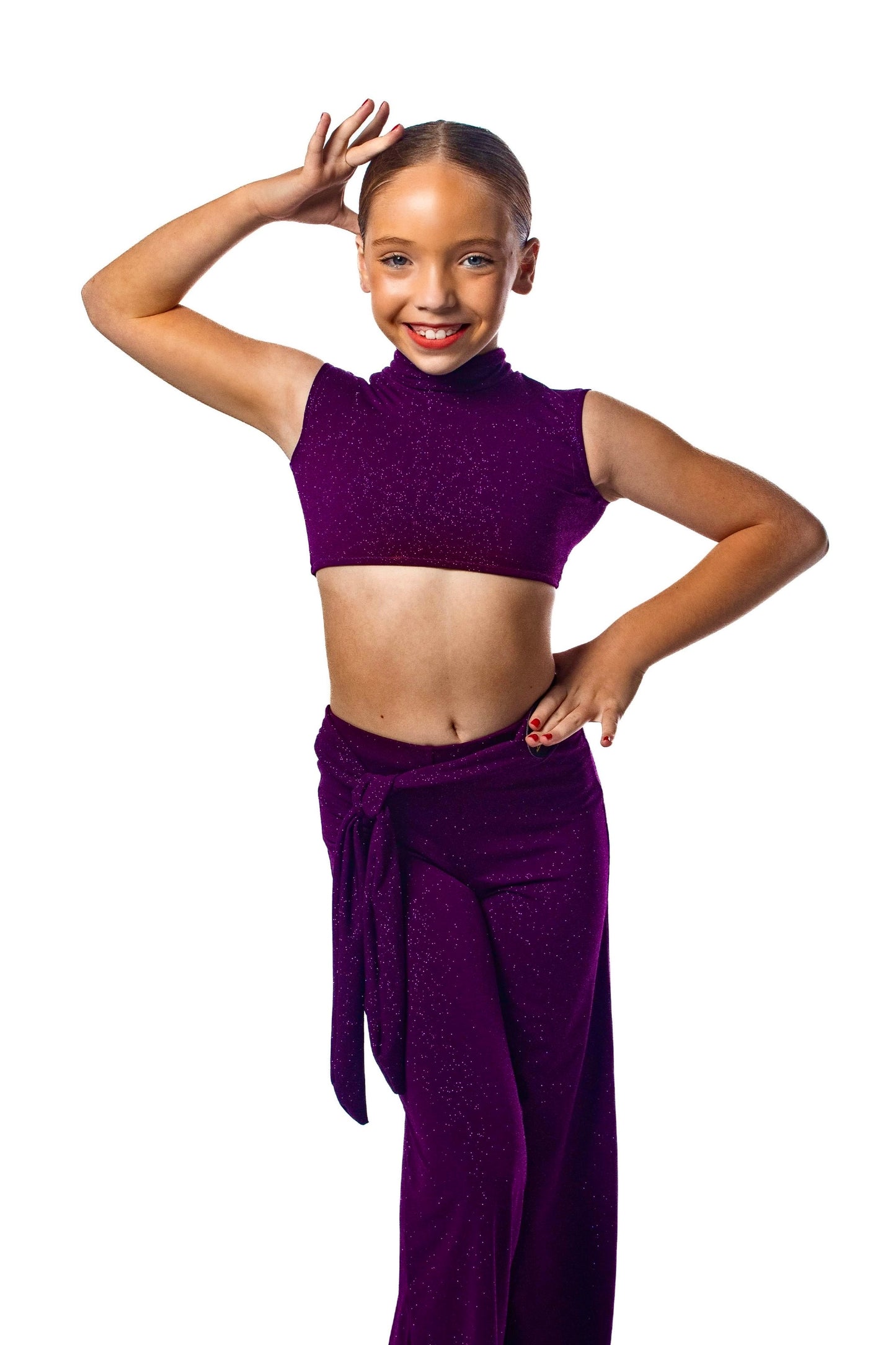 Purple sparkle ballroom trousers with integrated belt