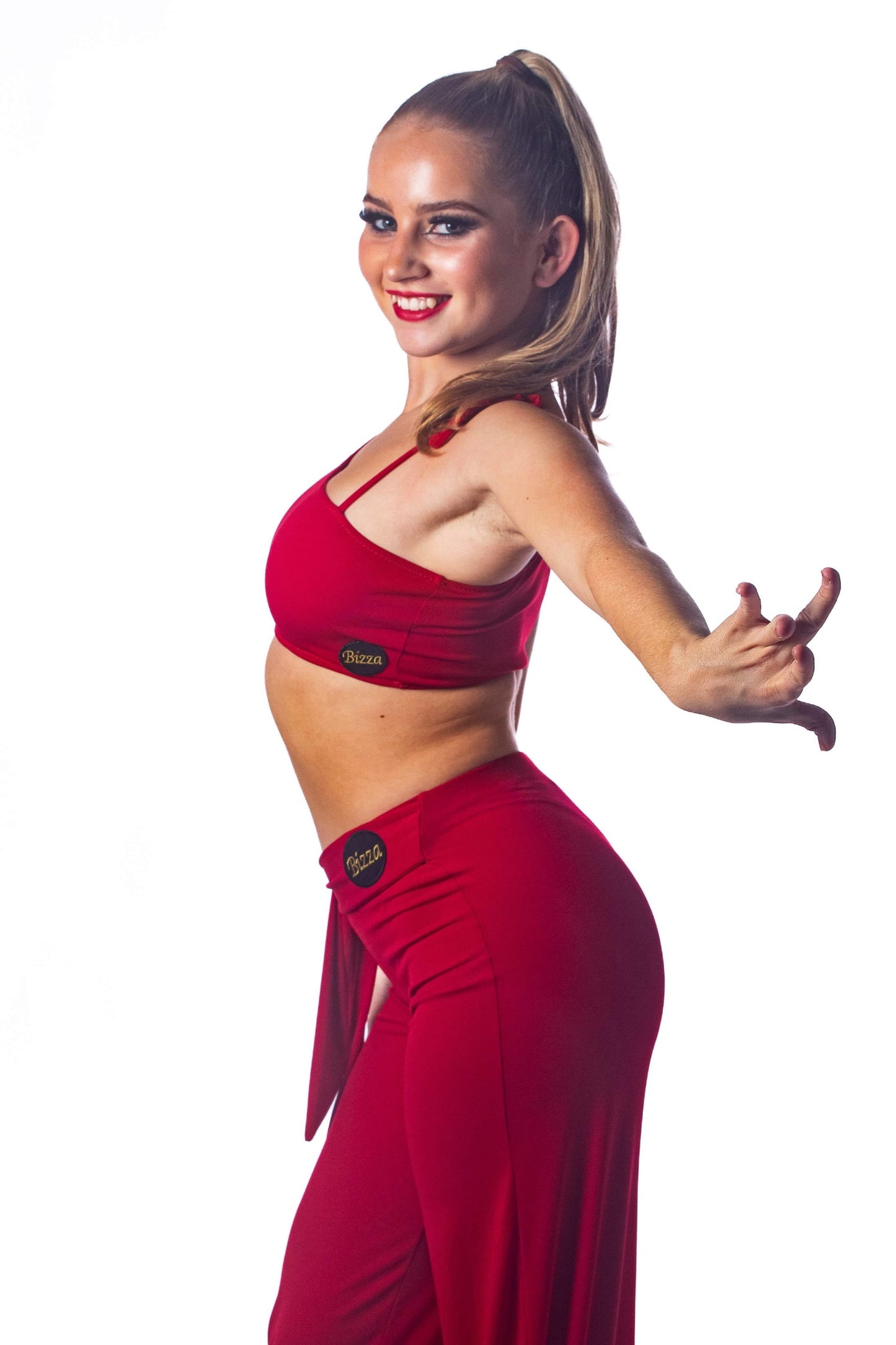 Red ballroom trousers with integrated belt