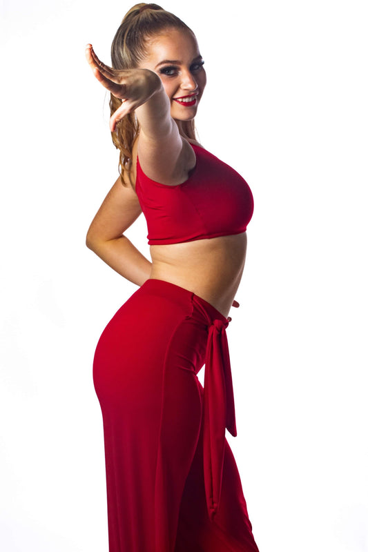 Red ballroom trousers with integrated belt