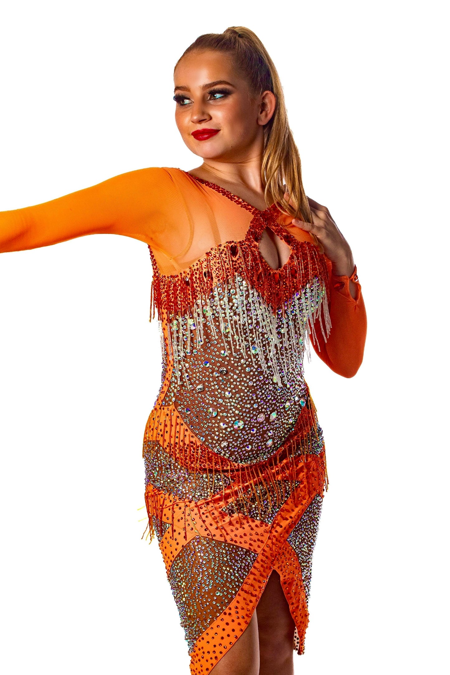 𝗘𝗫 𝗦𝗣𝗢𝗡𝗦𝗢𝗥 Orange Heavily Stoned Latin Dress. Size 6