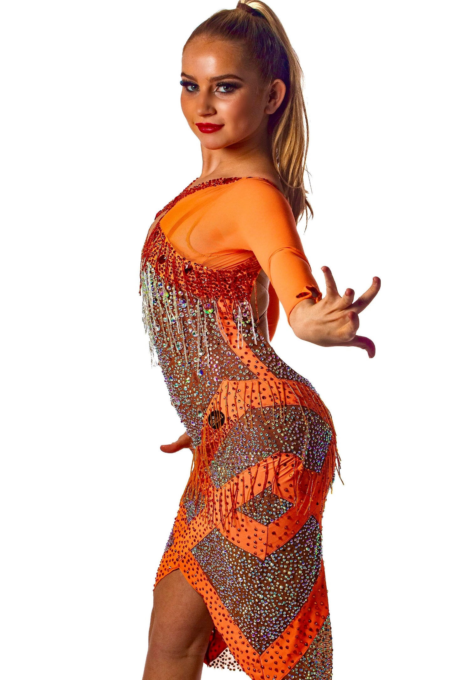 𝗘𝗫 𝗦𝗣𝗢𝗡𝗦𝗢𝗥 Orange Heavily Stoned Latin Dress. Size 6