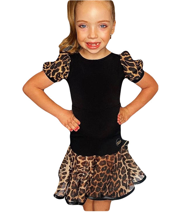 Juvenile Black Leotard with Leopard Print Puff Sleeves