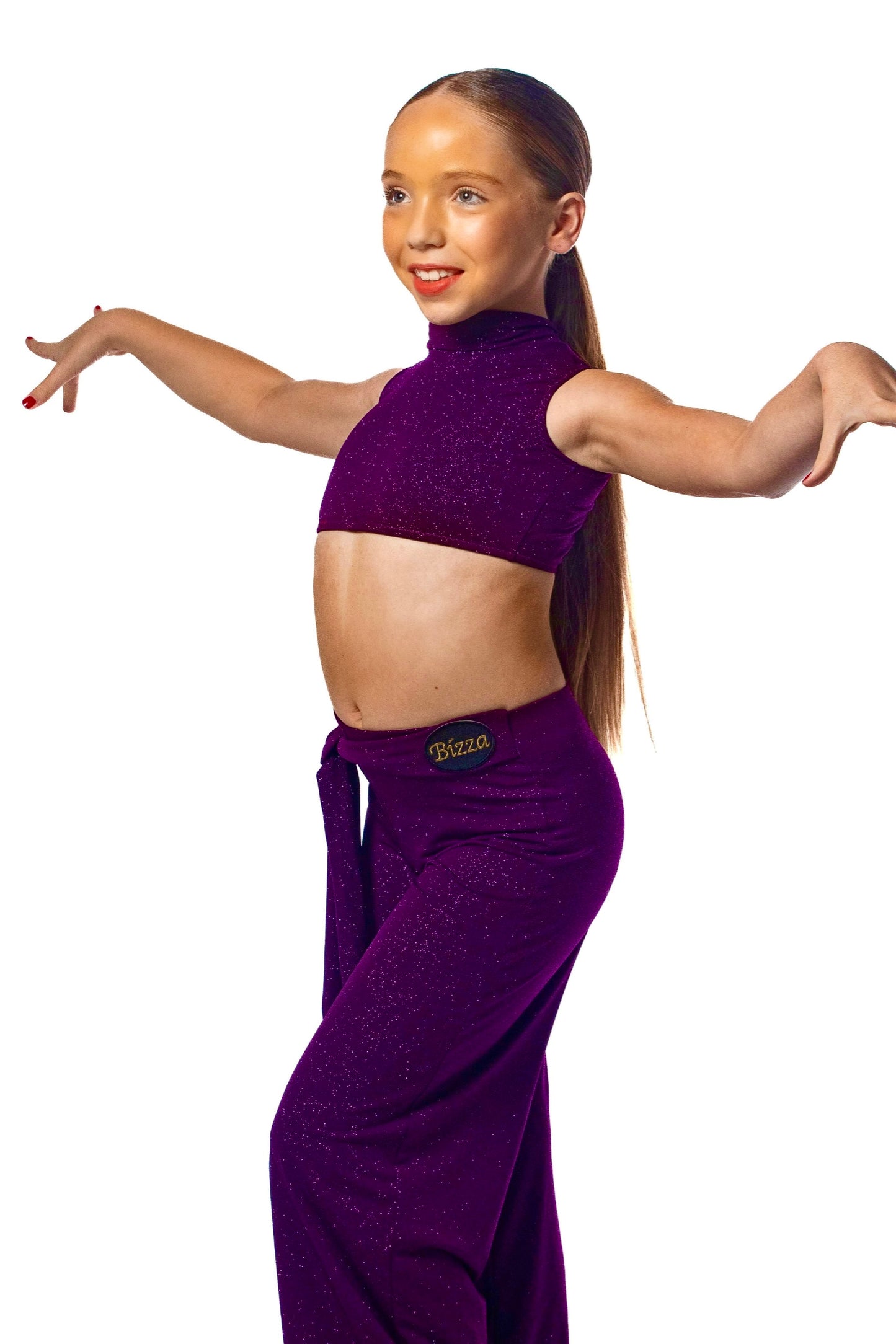 Purple sparkle ballroom trousers with integrated belt