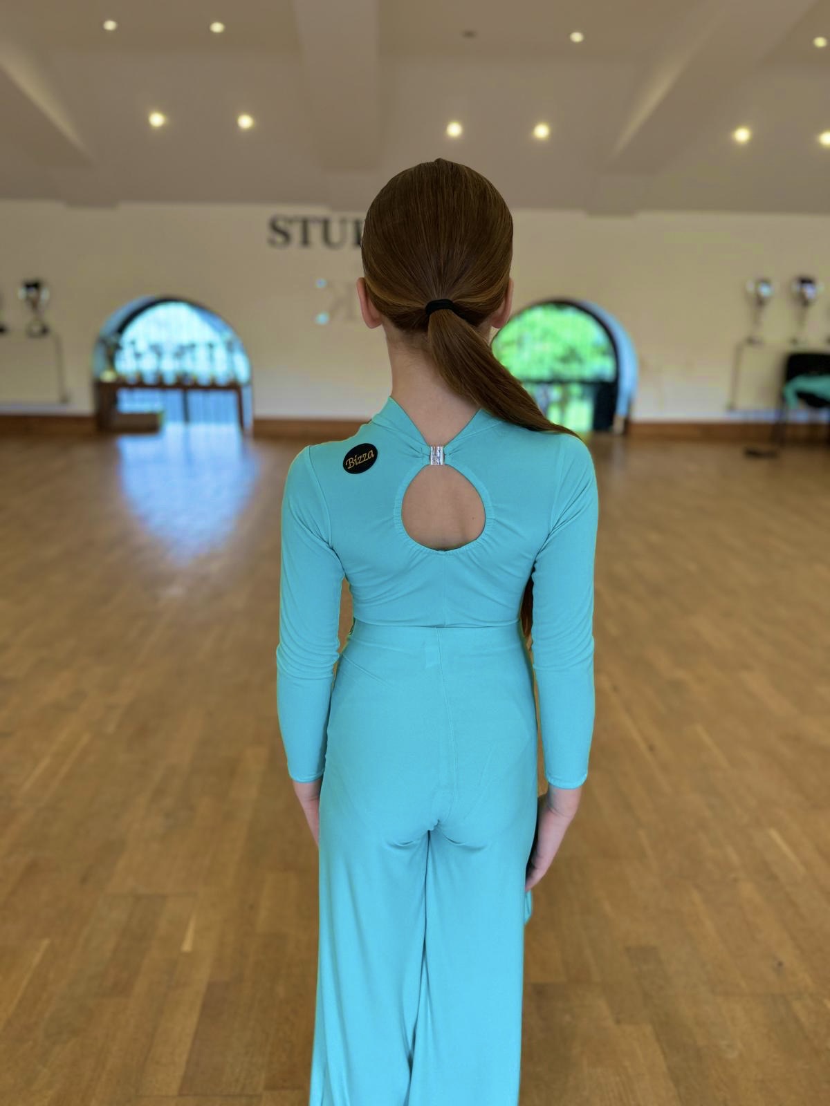 𝗡𝗘𝗪 Aqua high neck keyhole leotard with sleeves