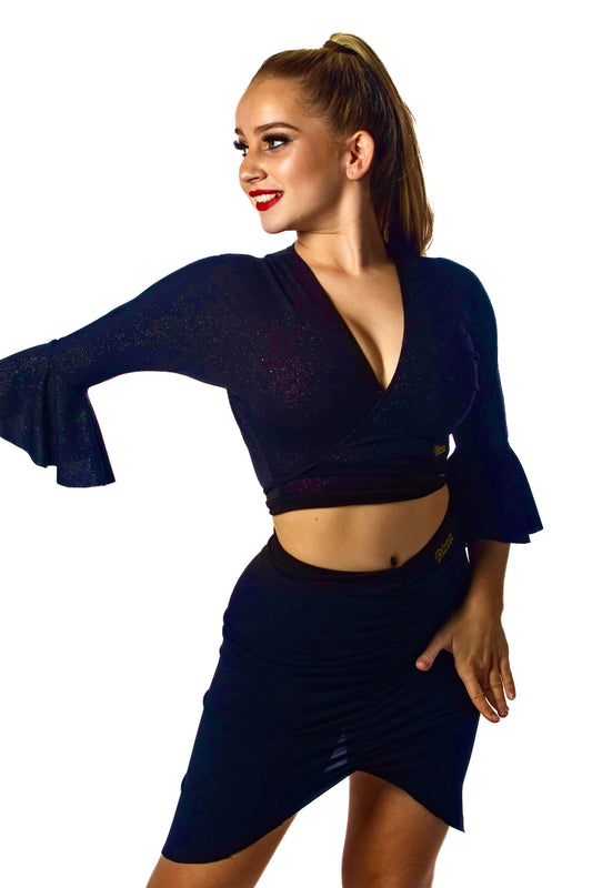 Black sparkle wrap top with flounce sleeves