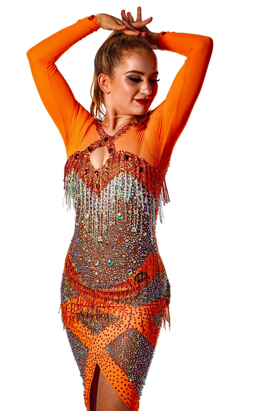 𝗘𝗫 𝗦𝗣𝗢𝗡𝗦𝗢𝗥 Orange Heavily Stoned Latin Dress. Size 6