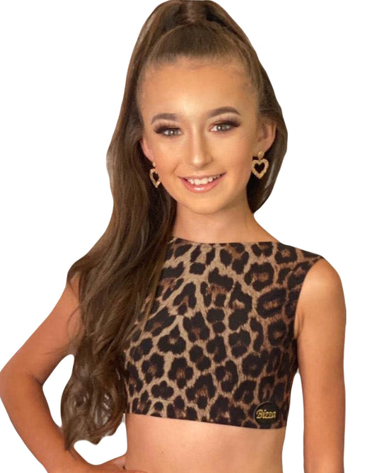 Solid Leopard Mesh&Crepe Crop Top