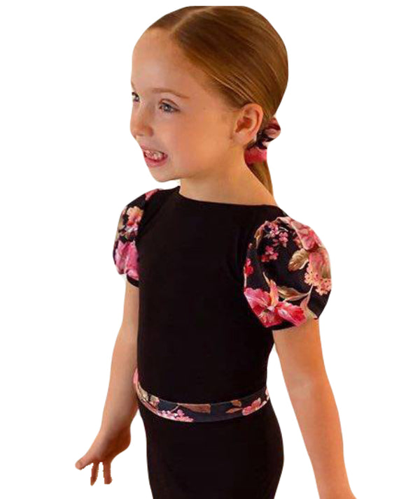 Black Crepe leotard with Summer Floral Puff sleeve