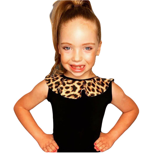 Black Juvenile Leotard with Leopard Frill