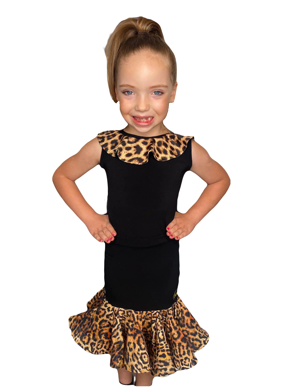 Black Juvenile Leotard with Leopard Frill