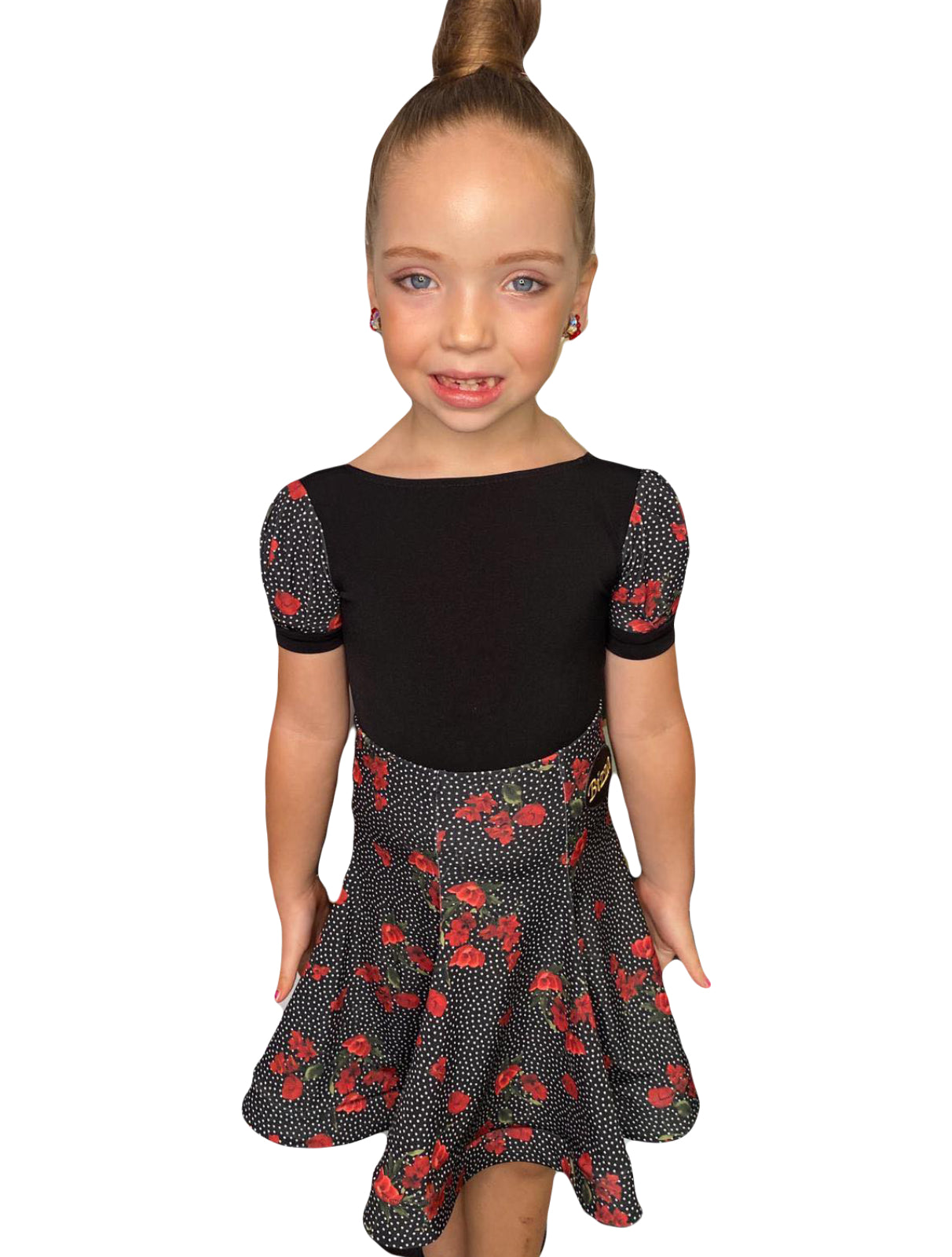 Black Juvenile Leotard with Red Polka Dot Poppy Puff Sleeve