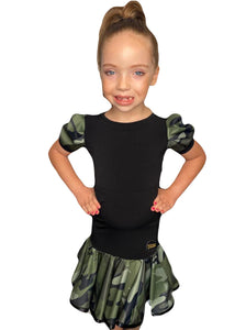 Juvenile Black Leotard with Camouflage Print Puff Sleeves