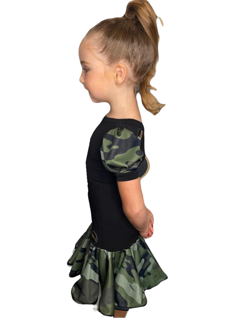 Juvenile Black Leotard with Camouflage Print Puff Sleeves