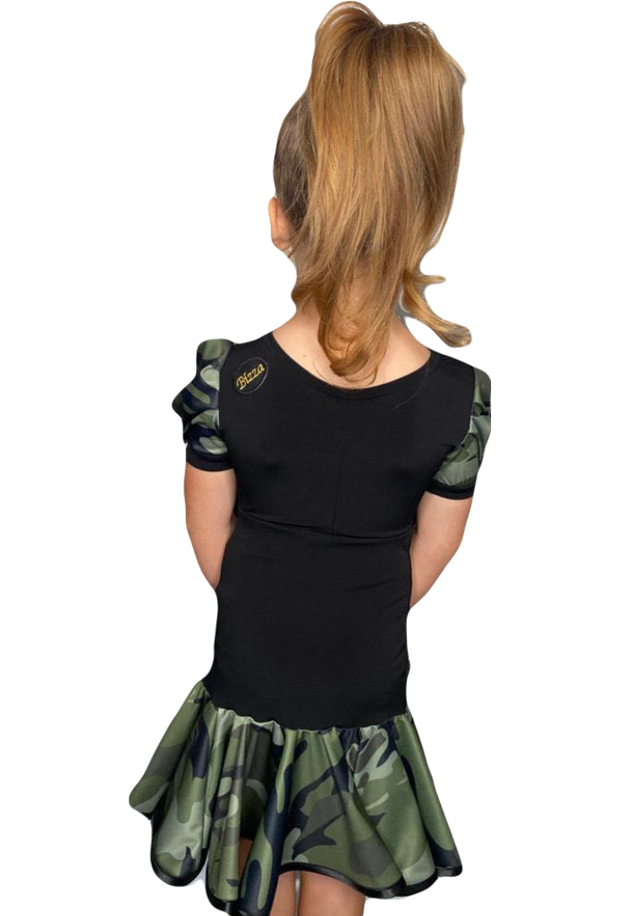 Juvenile Black Leotard with Camouflage Print Puff Sleeves