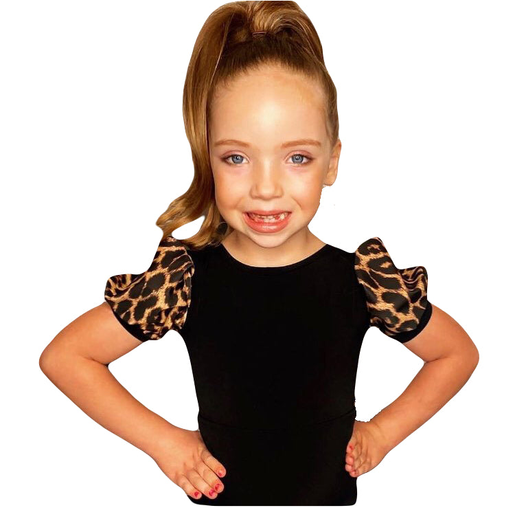 Juvenile Black Leotard with Leopard Print Puff Sleeves