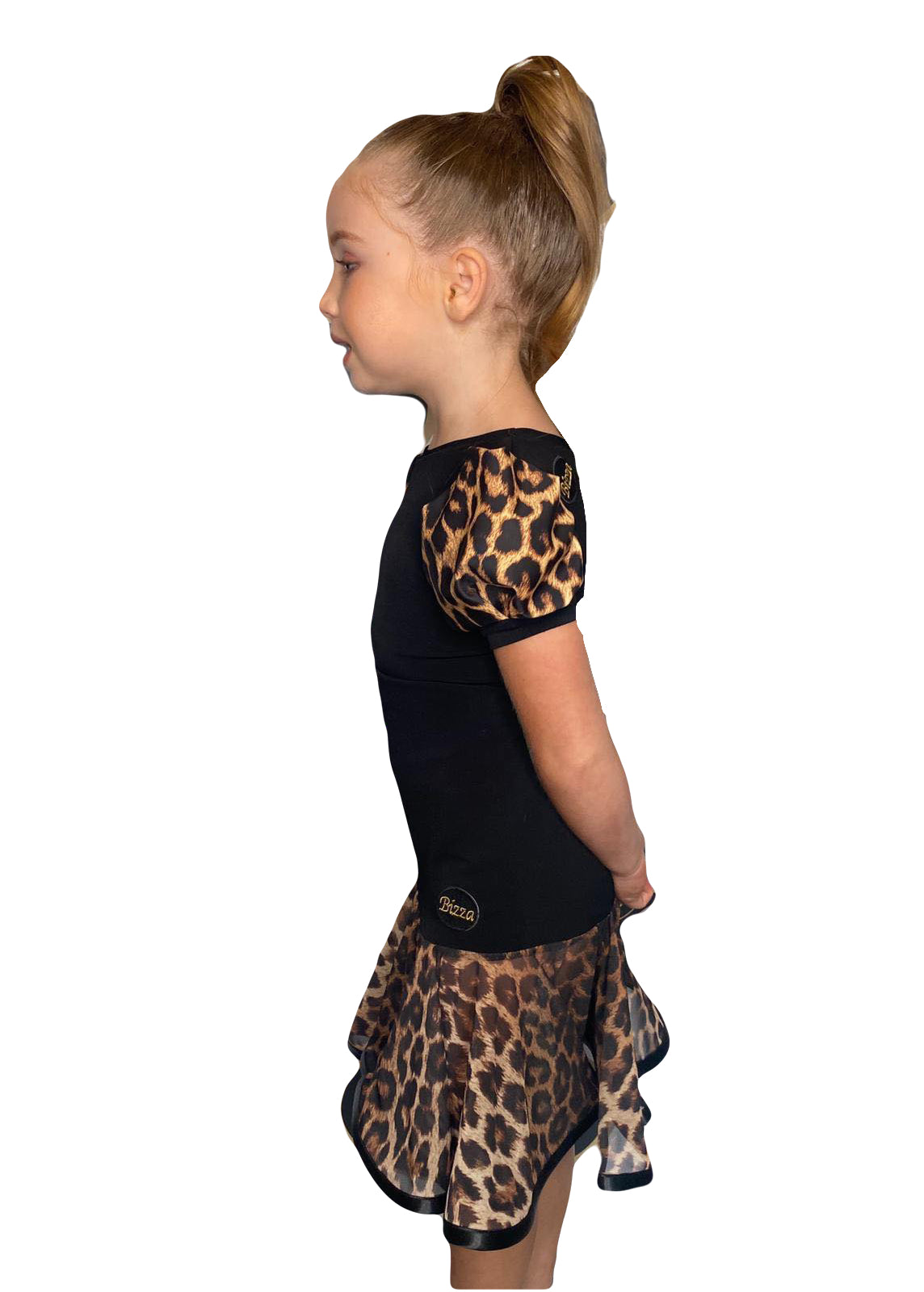 Juvenile Black Leotard with Leopard Print Puff Sleeves