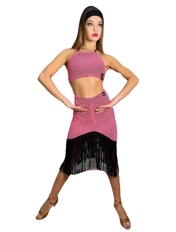 Pink Fishnet Fringed Ruched Skirt