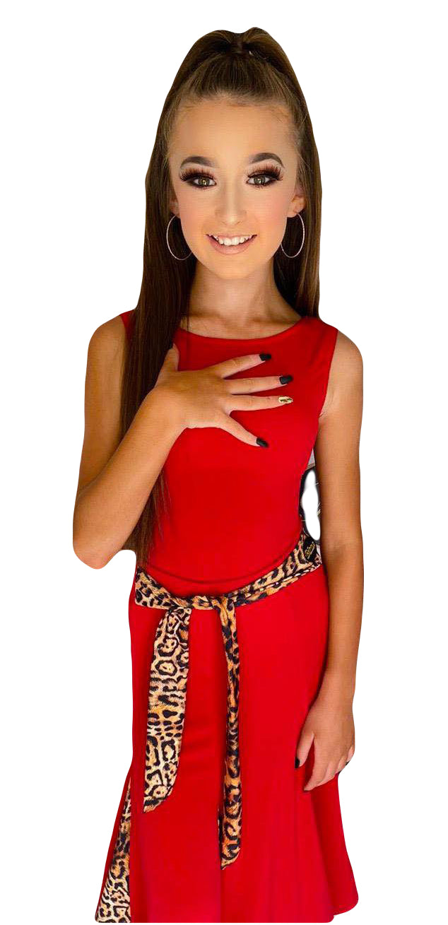 RED CREPE BALLROOM SKIRT WITH BRIGHT LEOPARD BELT & INSERTS