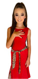 RED CREPE BALLROOM SKIRT WITH BRIGHT LEOPARD BELT & INSERTS