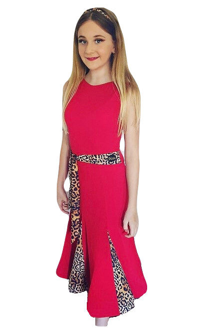 RED CREPE BALLROOM SKIRT WITH BRIGHT LEOPARD BELT & INSERTS