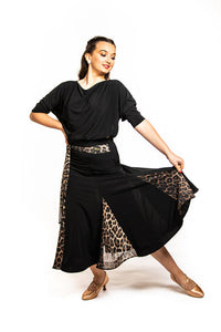 26" Waist- Black Ballroom Skirt with Leopard Mesh Inserts & Integrated Leopard Mesh Belt