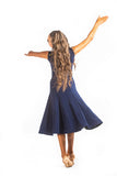 𝟐𝟑" 𝐖𝐚𝐢𝐬𝐭 Navy Ballroom Skirt with Polkadot Mesh Inserts