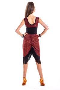 Red Glitz centre Ruched Skirt with Black Fringe