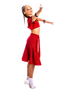 Red Sparkle Ballroom Skirt With Intergrated Belt