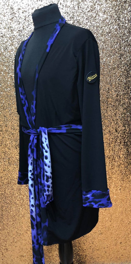 Black branded Dressing Gown With Purple Leopard Trim