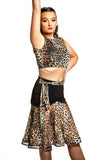 Drop Waisted Centre Ruched Skirt with Leopard Frill & Integrated Belt