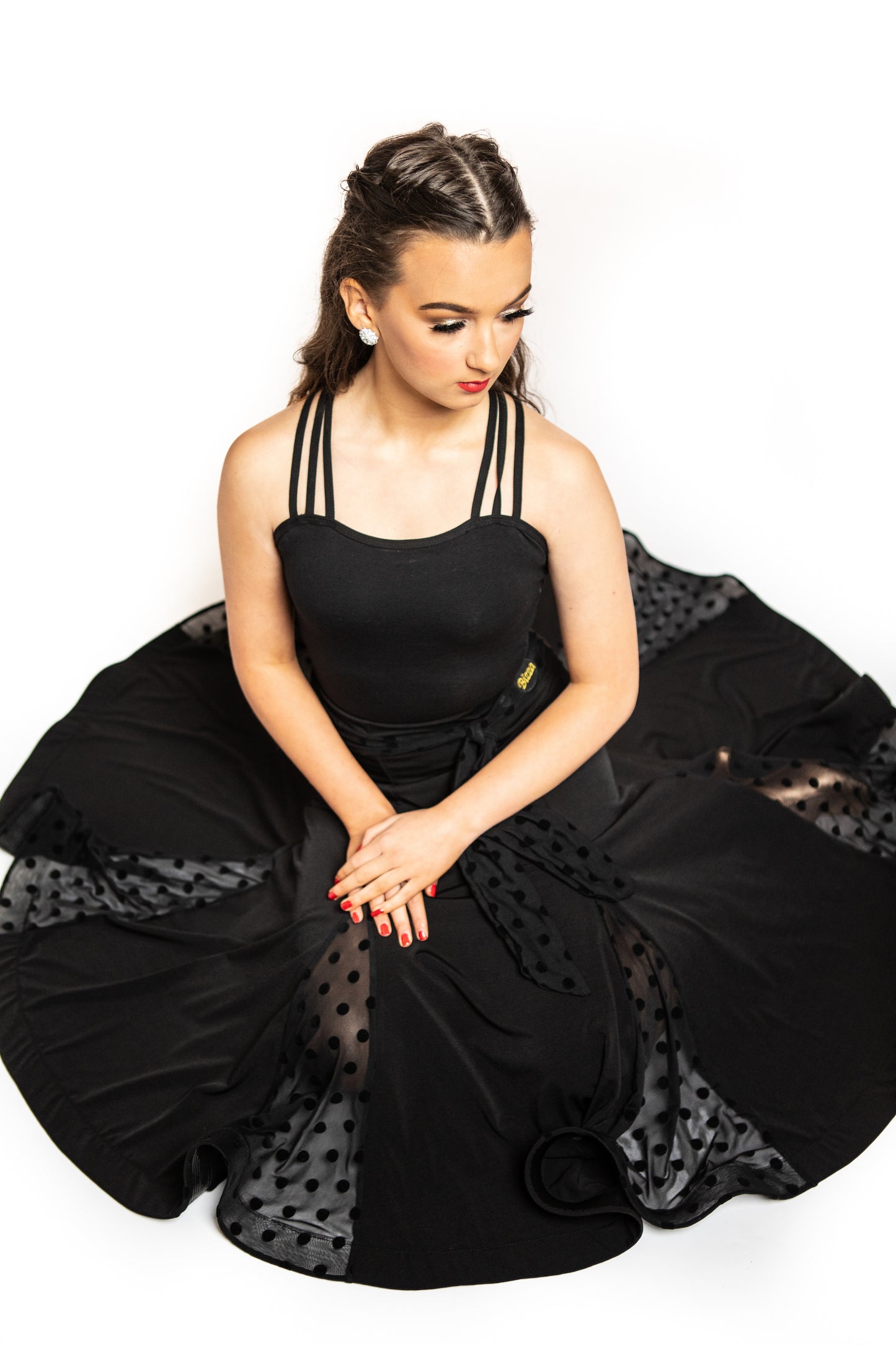 Ballroom Skirt With Polkadot Mesh Inserts & Integrated Belt