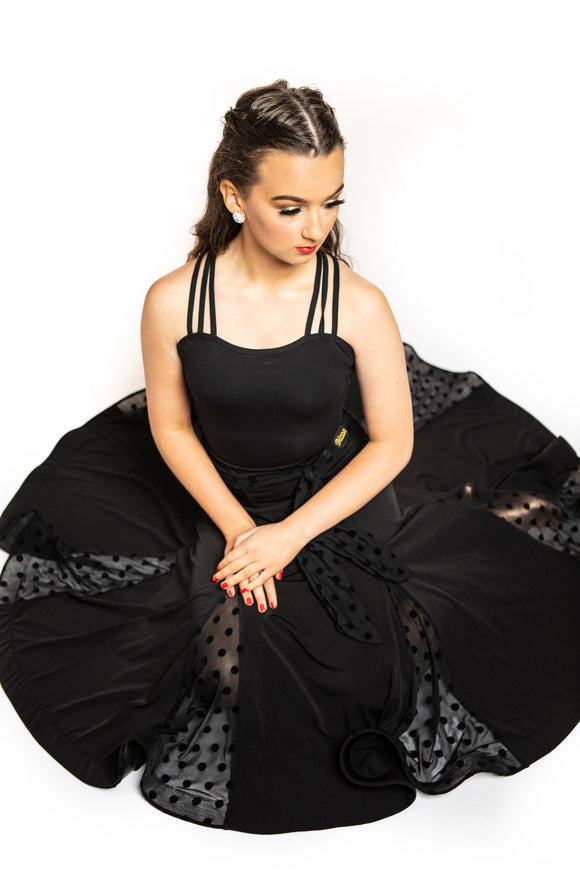 Crepe Ballroom Skirt With Polkadot Mesh Inserts & Integrated Polkadot Belt