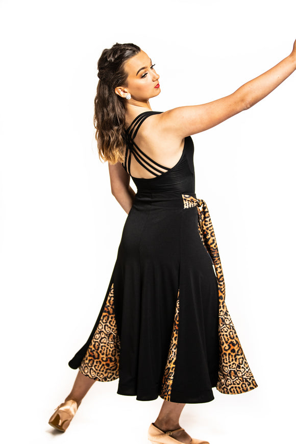 Black Ballroom Skirt With Bright Leopard Inserts And Integrated Belt