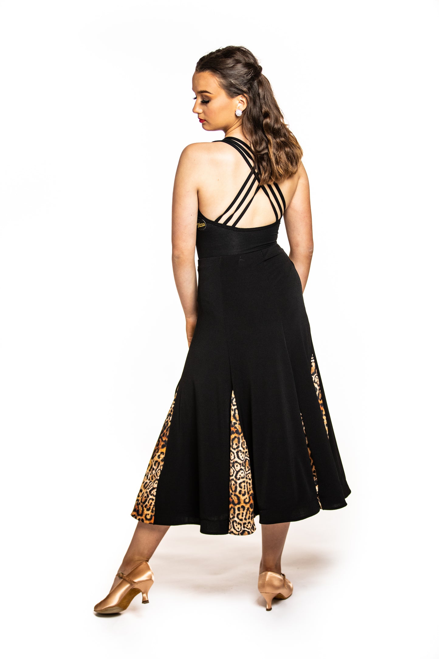 Black Ballroom Skirt With Bright Leopard Inserts And Integrated Belt