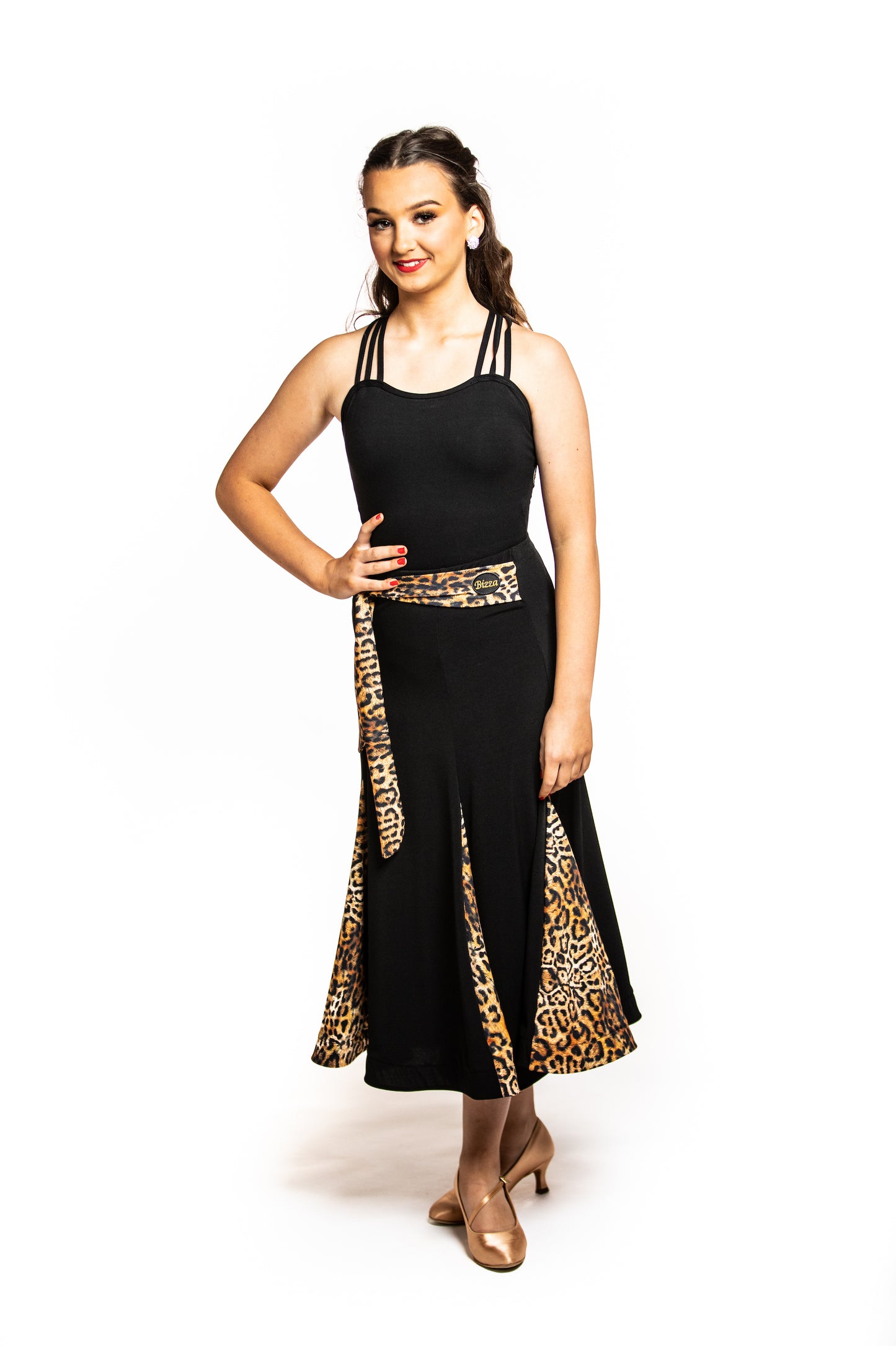 Black Ballroom Skirt With Bright Leopard Inserts And Integrated Belt