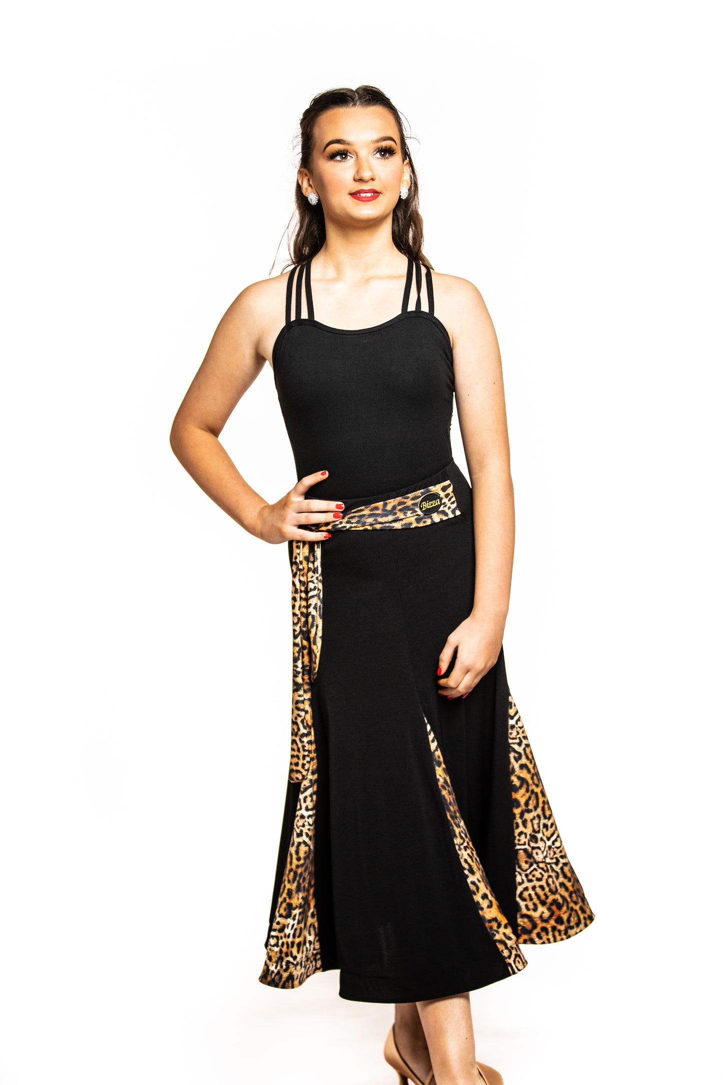 Black Ballroom Skirt With Bright Leopard inserts & Integrated Belt