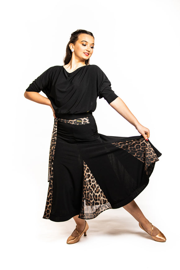 Crepe Ballroom Skirt with Leopard Mesh Inserts & Integrated Mesh belt
