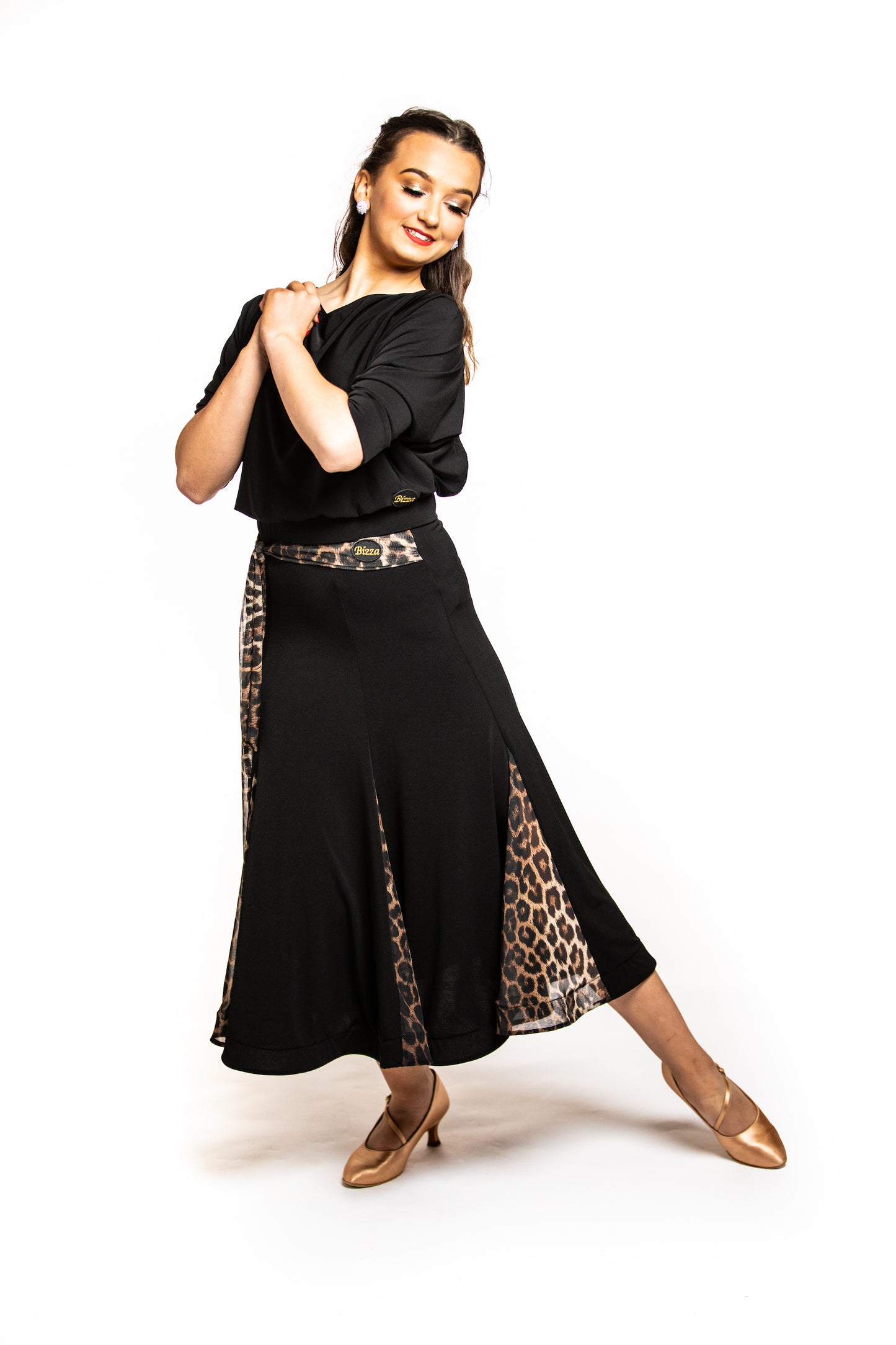 Black Ballroom Skirt with Leopard Mesh Inserts & Integrated Leopard Mesh Belt