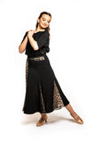 Crepe Ballroom Skirt with Leopard Mesh Inserts & Integrated Mesh belt