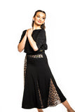 Black Ballroom Skirt with Leopard Mesh Inserts & Integrated Leopard Mesh Belt