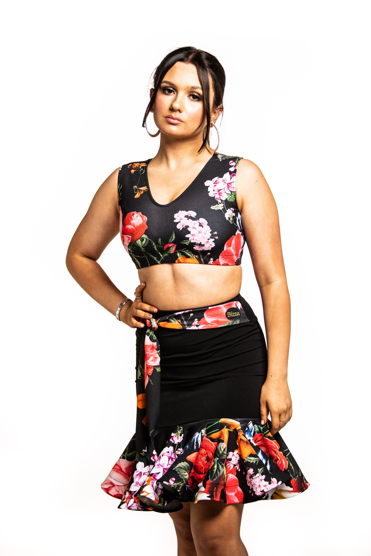 Solid Tropical Floral V Front Crop Top