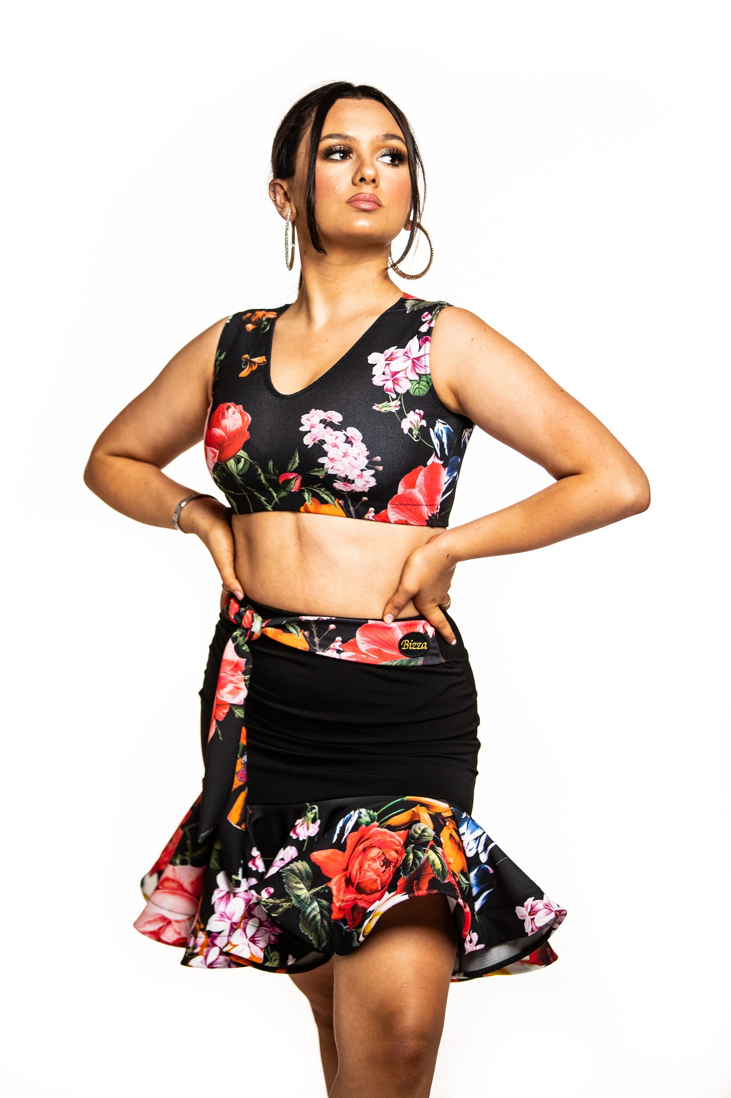 Solid Tropical Floral V Front Crop Top