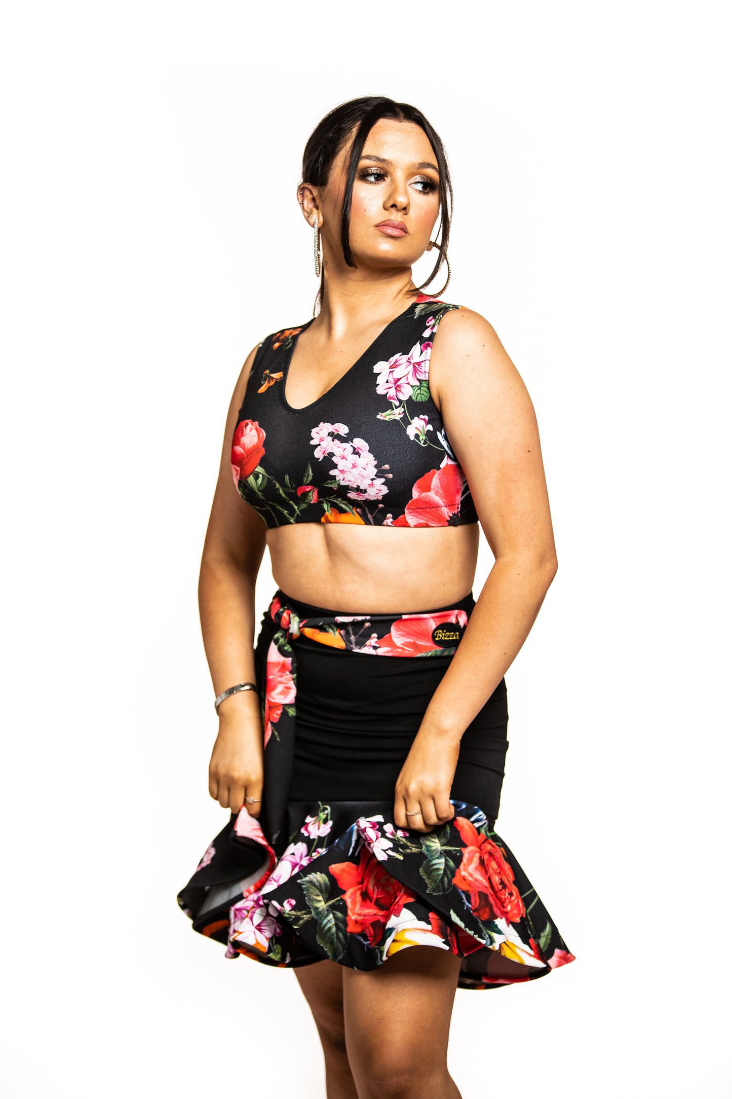 Solid Tropical Floral V Front Crop Top