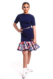 Navy Drop Waisted Skirt With Bouquet Frill