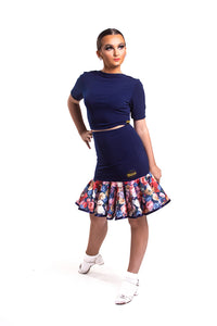 Navy Drop Waisted Skirt With Bouquet Frill