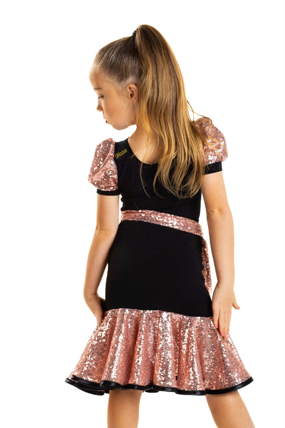 Black Leotard with Pink Sequin Puff Sleeves
