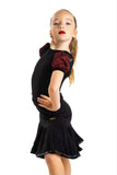 Black Crepe Leotard with Red Glitz Puff Sleeves